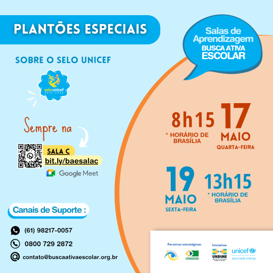 Plantões tira dúvidas sobre metas da Busca Ativa Escolar no Selo UNICEF acontecem quarta e sexta-feira